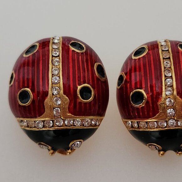 MULTILANA SIGNED VINTAGE LADY BUGS ENAMEL CLIP EAR RINGS WITH CLEAR RHINESTONES - Picture 4 of 8